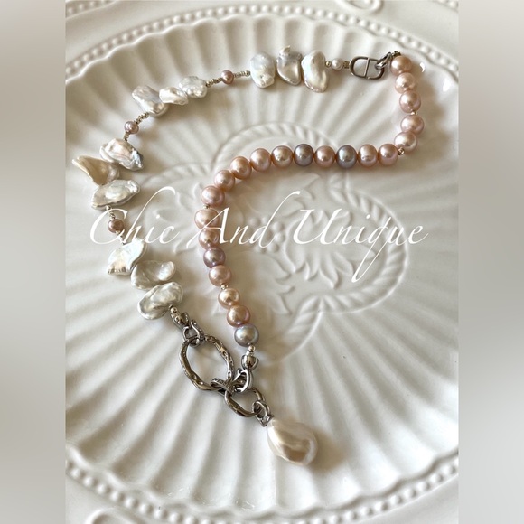 N2-Handmade Half Petal Pearls Half Candy Color Pearl Necklace - Picture 4 of 9